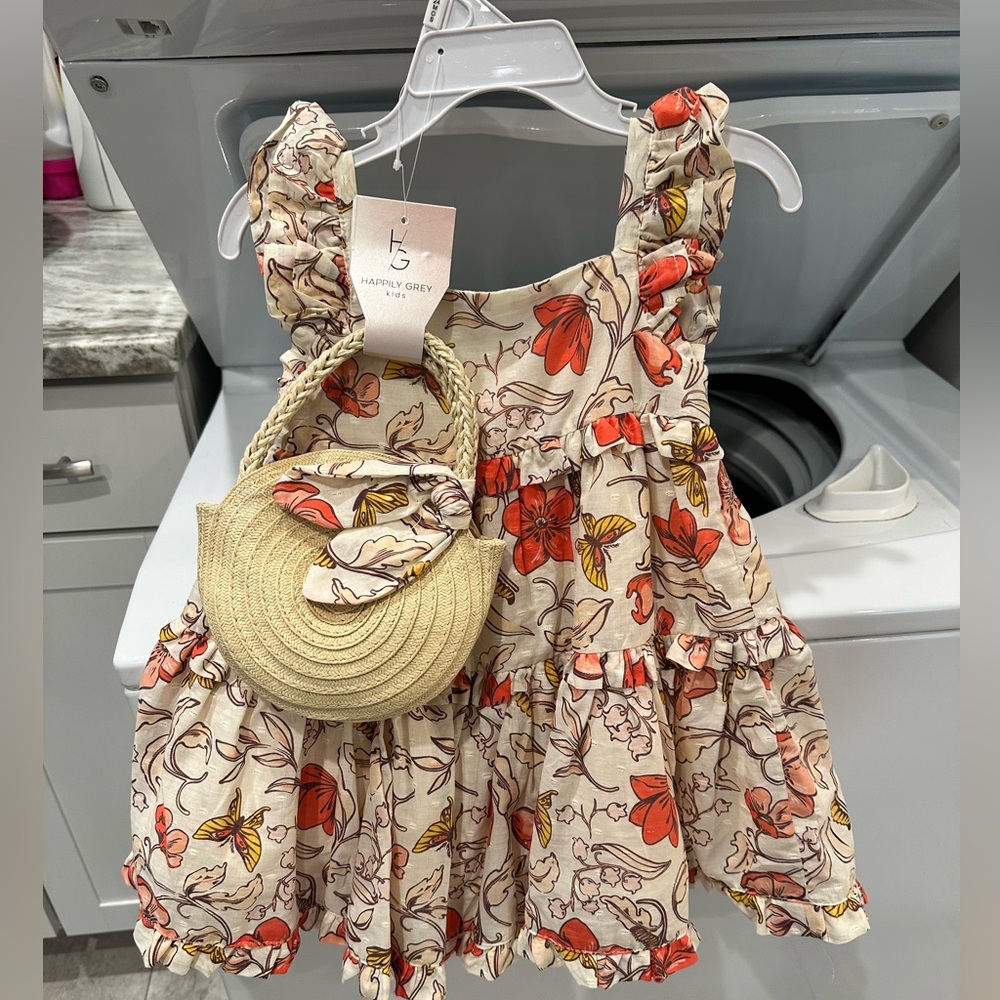 (Happily Grey)Floral Ruffle Dress with Matching Hat